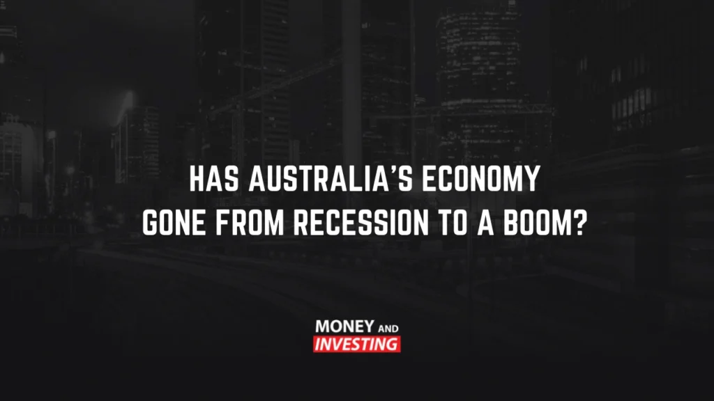 Dark cityscape background with bold text reading “Has Australia’s economy gone from recession to a boom?”