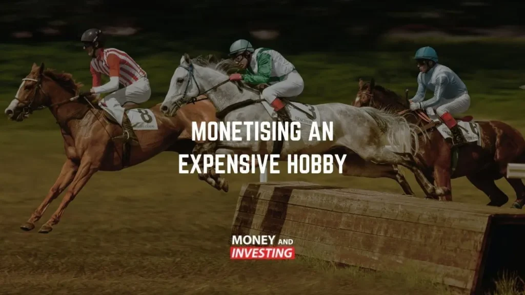 Three jockeys on horses jumping a hurdle during a race with the text 'Monetising an Expensive Hobby' overlayed.