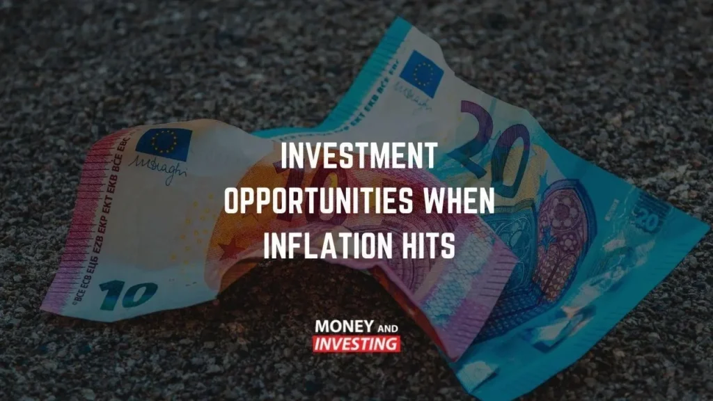 Crumpled euro banknotes on gravel background with text reading: Investment opportunities when inflation hits.