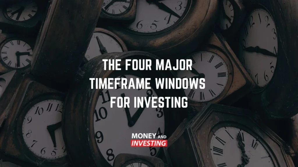 Stacked antique clocks showing different times, with the centered text ‘THE FOUR MAJOR TIMEFRAME WINDOWS FOR INVESTING.’