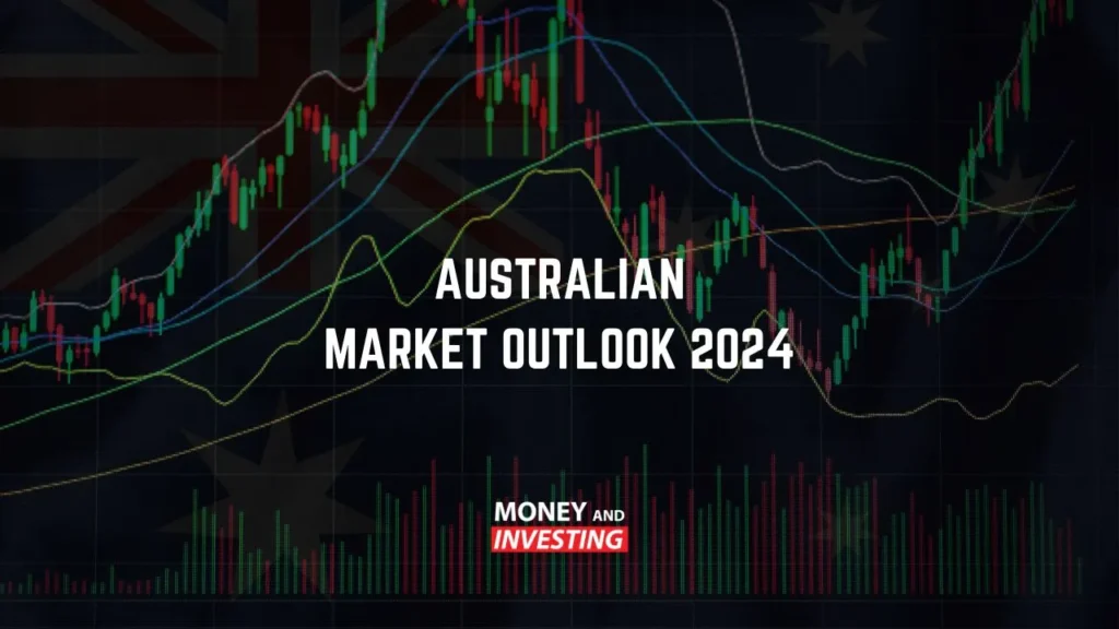 Australian flag background with stock market chart overlay and text reading 'Australian Market Outlook 2024'.