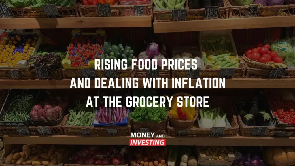 Shelves of colorful fresh produce in a grocery store with overlaid text discussing rising food prices and inflation impacts.
