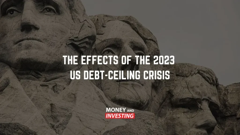 A close-up of Mount Rushmore’s stone carvings with text addressing the effects of the 2023 US debt-ceiling crisis.